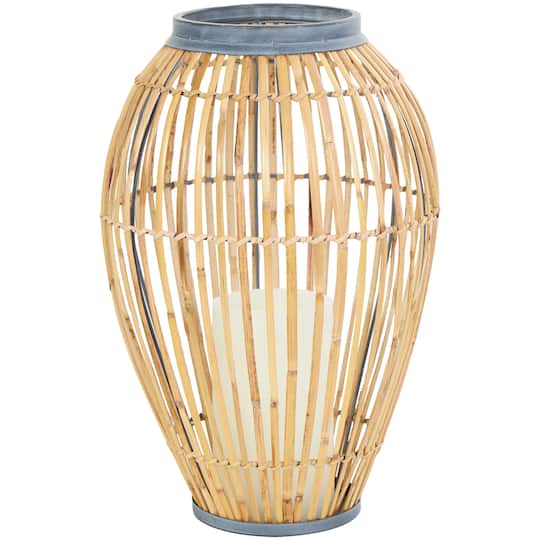 16" Brown Bamboo Handmade Open Frame Vase with Blue Metal Accents